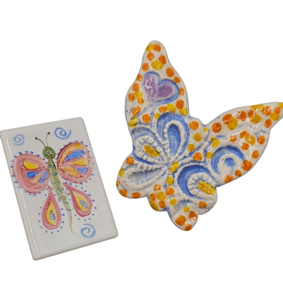 Unbranded Jewelry - VTG 2PC Brooch Ceramic Painted Boho Cottage-Fairy Core Whimsy Butterfly Summer